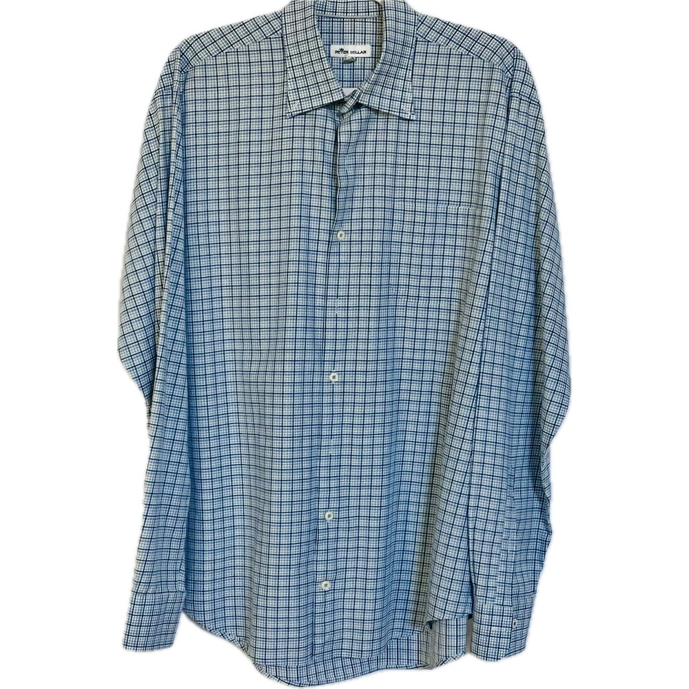 Peter Millar Mens Blue Check Stretch Cotton Button Down Shirt Large MF19W26NBL - Picture 2 of 10
